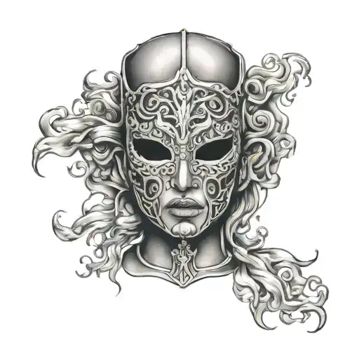 woman of fire trapped in full face iron mask with no hat tattoo design idea