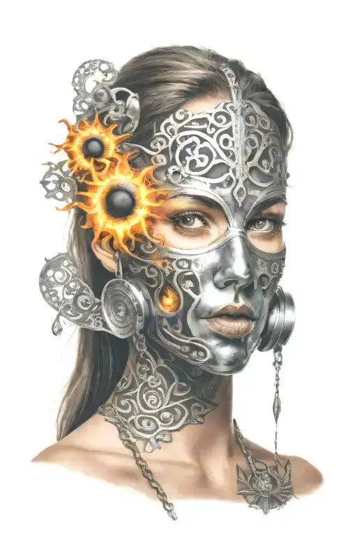 scared woman with full face iron mask has sun and fire designs tattoo design idea