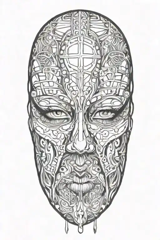 woman with long hair trapped in full face iron mask tattoo design idea