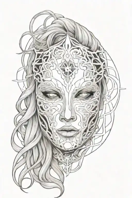 woman with long hair trapped in full face iron mask. the mask has fire and sun designs tattoo design idea
