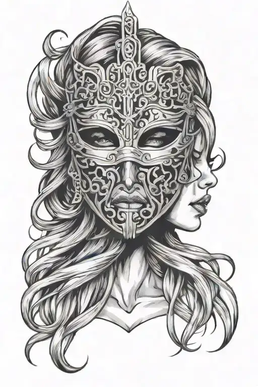 woman with long hair trapped in iron mask tattoo design idea