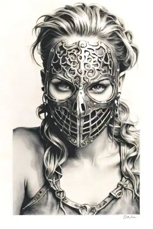 woman trapped in full face iron mask tattoo design idea