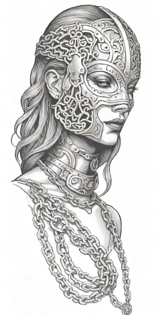woman trapped in an iron mask and chains. tattoo design idea