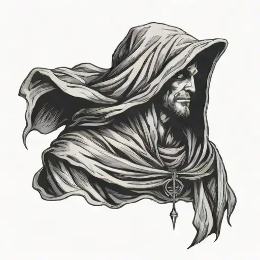 dark figure hidden behind a dark hood and robe tattoo design idea