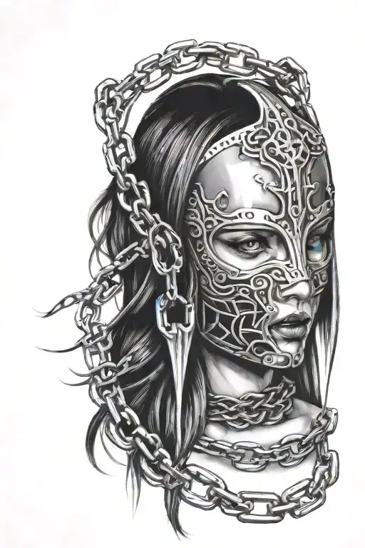 woman trapped in an iron mask and chains. tattoo design idea