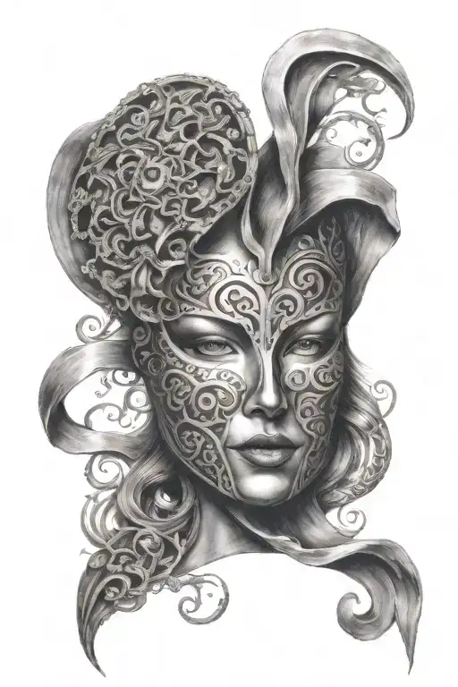 woman trapped in iron mask. the mask has fire and sun designs engraved in it tattoo design idea