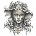 woman of fire trapped in full face iron mask tattoo design idea