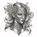 woman of fire trapped in full face iron mask tattoo design idea