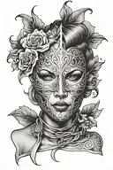 woman trapped in full face iron mask tattoo design idea