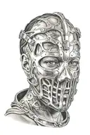 woman trapped in full face iron mask tattoo design idea