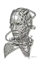 woman trapped in full face iron mask tattoo design idea