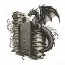 A library filled with ancient books and a dragon perched on top tattoo design idea