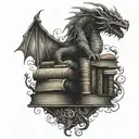 A library filled with ancient books and a dragon perched on top tattoo design idea