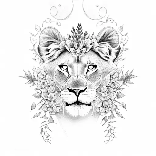 A dotwork representation of a lioness surrounded by gladioli and lavender flowers, symbolizing Leo's strength and femininity tattoo design idea