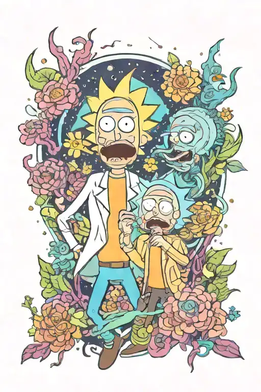 Space Rick and Morty in Flowers tattoo design idea