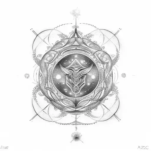An intricate tattoo design of a celestial taurus and virgo constellation, intertwined with delicate dotwork details, representing the client's zodiac signs and love for astrology tattoo design idea