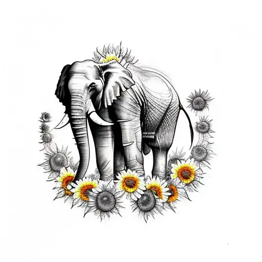 A beautiful tattoo design featuring a loving mother elephant surrounded by sunflowers, symbolizing nurturing and protection for family tattoo design idea