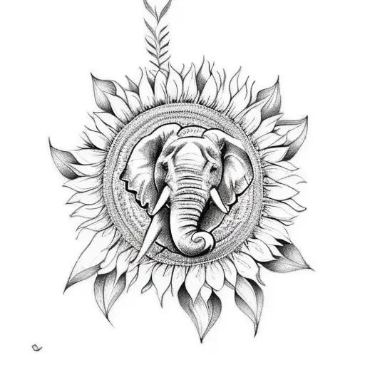 A beautiful tattoo design featuring a loving mother elephant surrounded by sunflowers, symbolizing nurturing and protection for family tattoo design idea