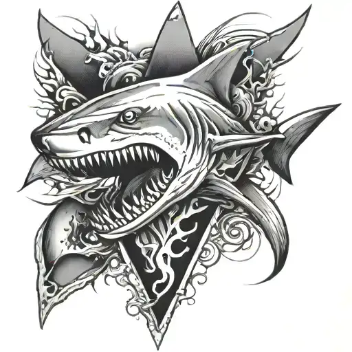 black and white style tattoo leg sleeve with shark jaw on front of knee tattoo design idea