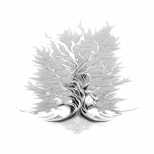 A mystical tree with waves as its roots tattoo design idea