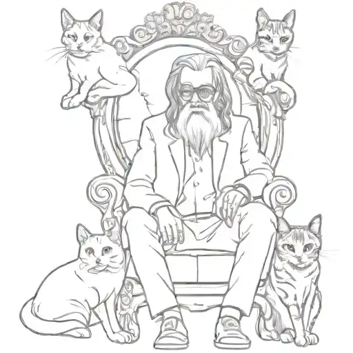an old man with long hair with his three female feral cats sitting on the godfather chair tattoo design idea