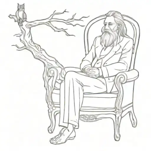 an old man with long hair with his tree female feral cats sitting on the godfather chair tattoo design idea