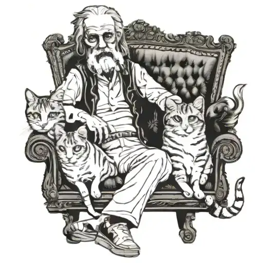an old man with long hair with his three female feral cats sitting on the godfather chair tattoo design idea