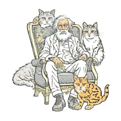 Old man with long hair in godfather chair, 3 cute feral female cats, accompanied by 26-year-old female friend from India tattoo design idea