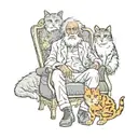 Old man with long hair in godfather chair, 3 cute feral female cats, accompanied by 26-year-old female friend from India tattoo design idea