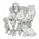 Old man with long hair in godfather chair, 3 cute feral female cats, accompanied by 26-year-old female friend from India tattoo design idea