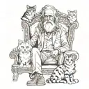 Old man with long hair in godfather chair, 3 cute feral female cats, accompanied by 26-year-old female friend from India tattoo design idea