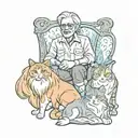 Old man with long hair in godfather chair, 3 cute feral female cats, accompanied by 26-year-old female friend from India tattoo design idea