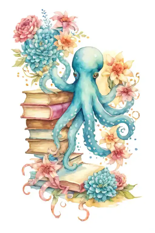 pretty octopus, books, stars, chrysanthemums, witchy tattoo design idea