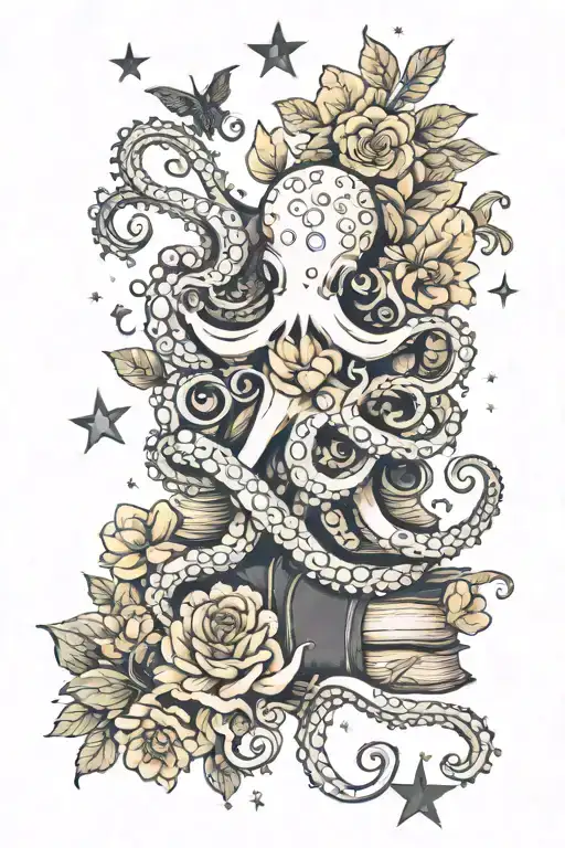 pretty octopus, books, stars, chrysanthemums, and witchy items tattoo design idea