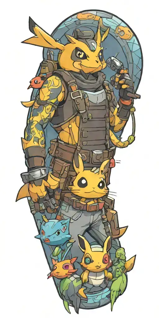 fortnite and pokemon  tattoo design idea