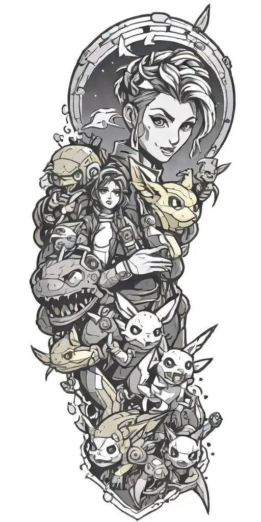 fortnite and pokemon  tattoo design idea