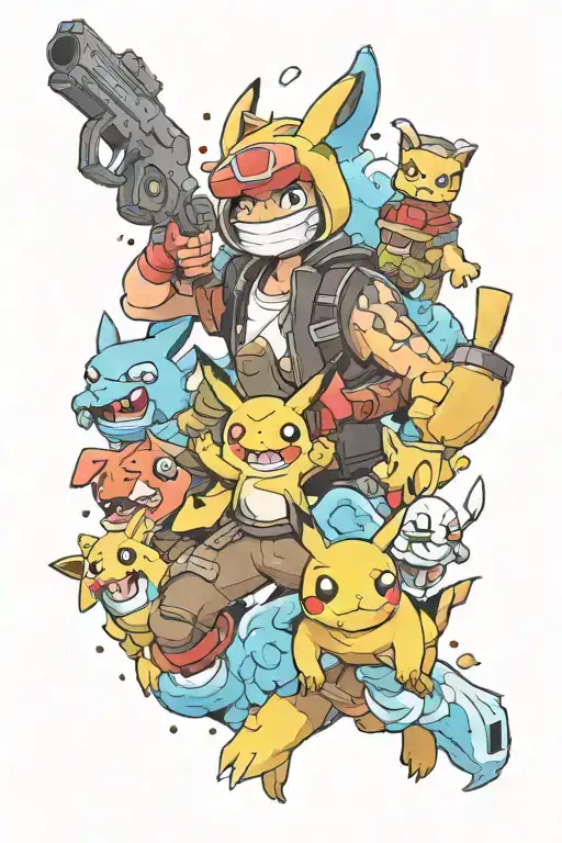 fortnite and pokemon  tattoo design idea