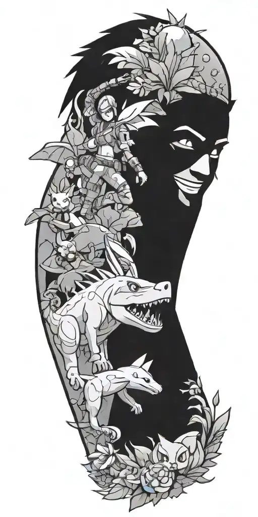 fortnite and pokemon  tattoo design idea