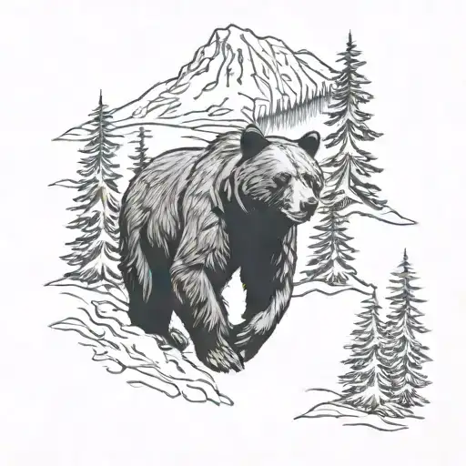 black bear coming out of the woods with pine trees. mount Rainier in the background with bear walking toward beach  tattoo design idea