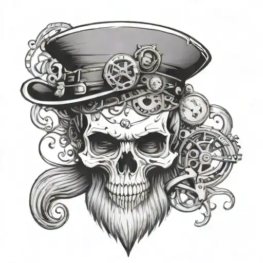 Create a black and white tattoo. A skull with a long beard that is steampunk themed  tattoo design idea