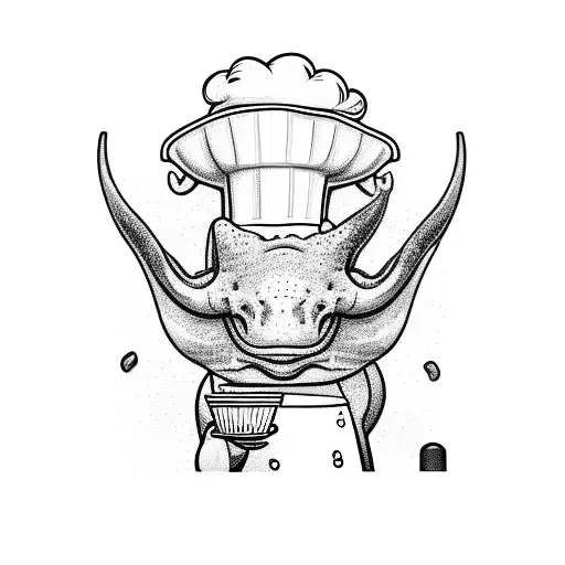 A triceratops holding a coffee cup and wearing a pizza chef hat, with a banner that says 'Coffee and Pizza, the perfect combo' tattoo design idea