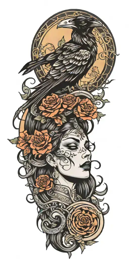 goddess of death, raven, snake, moon tattoo design idea