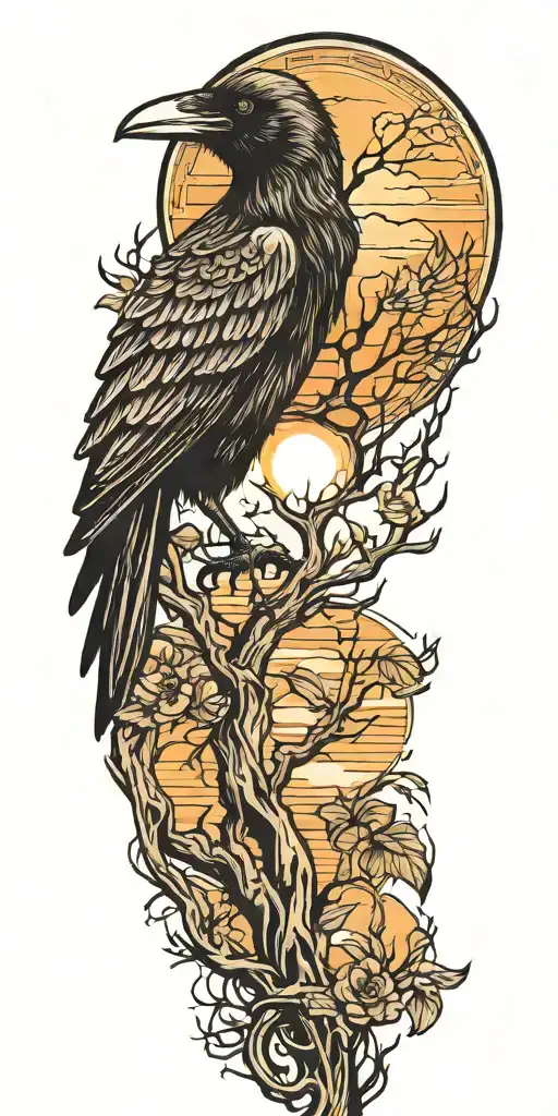 raven, tree, sun setting tattoo design idea