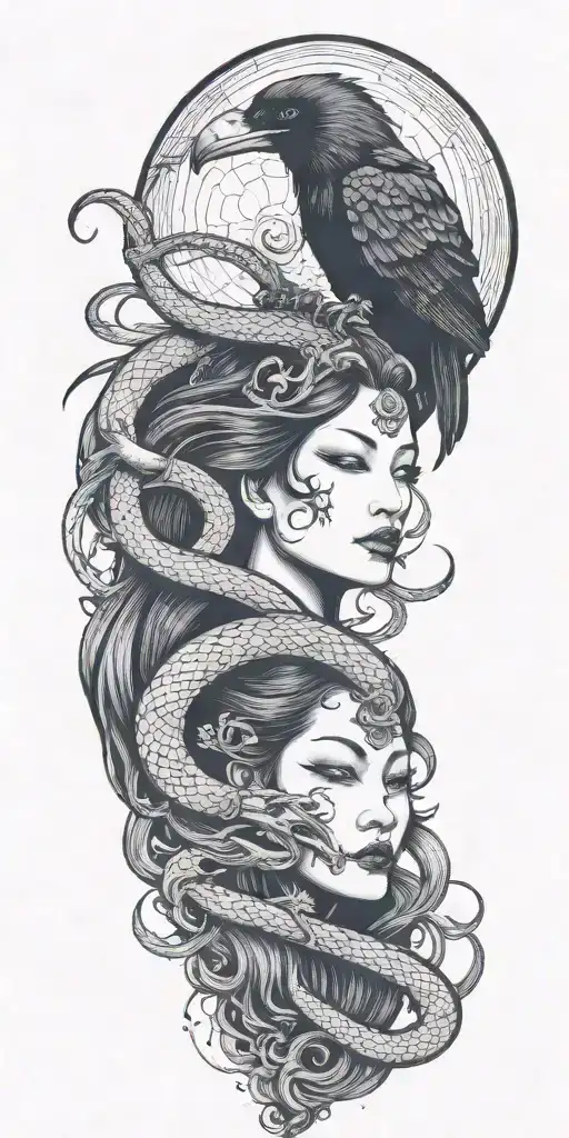 goddess of death, raven, snake, moon tattoo design idea