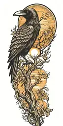 raven, tree, sun setting tattoo design idea