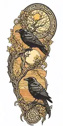 raven, tree, sun setting tattoo design idea