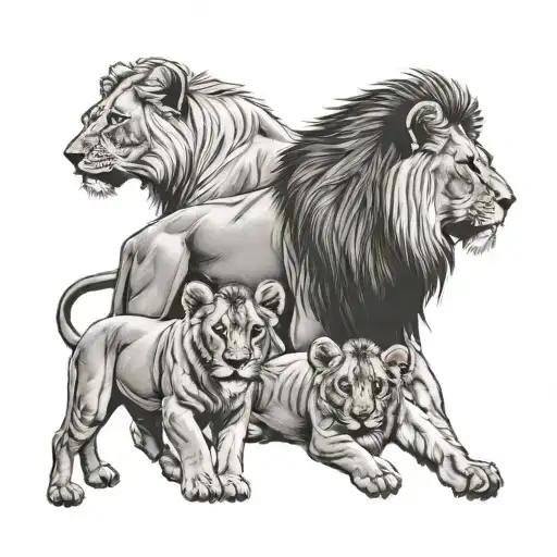 lion family with a male, female, and 3 lion cubs tattoo design idea