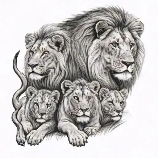 lion family with 3 cubs  tattoo design idea