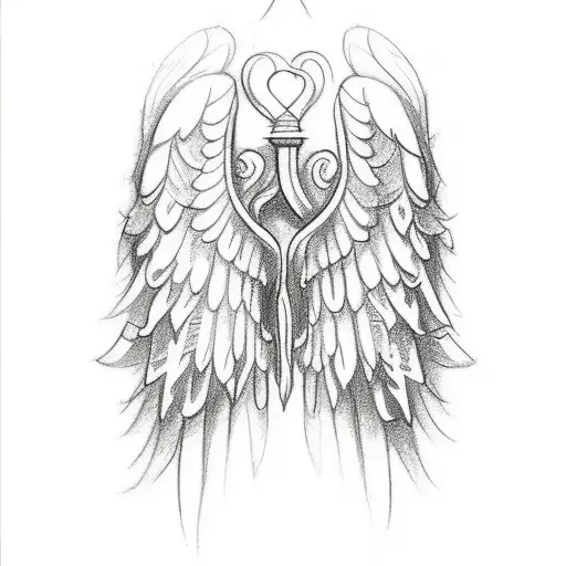 A sketch-style tattoo of a carpenter's hands delicately carving angel wings tattoo design idea
