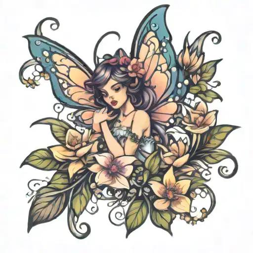 fairy sparkles with flowers blooming tattoo design idea